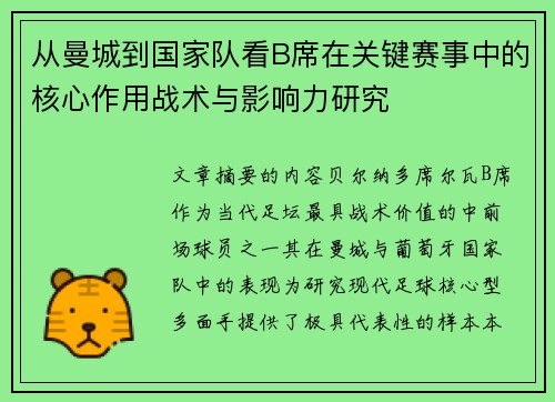 从曼城到国家队看B席在关键赛事中的核心作用战术与影响力研究