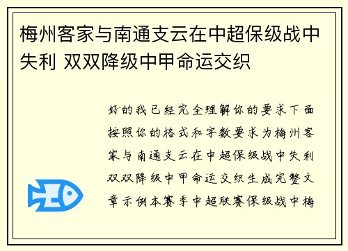 梅州客家与南通支云在中超保级战中失利 双双降级中甲命运交织